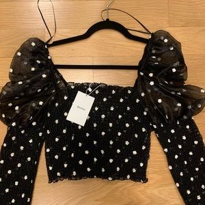 Bershka long sleeve organza black with embroidered daisy top